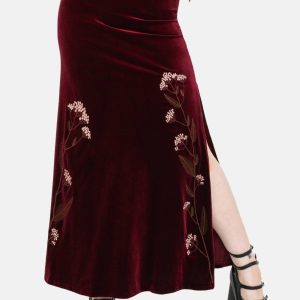 Virosa Floral Embroidered Velour Maxi Skirt