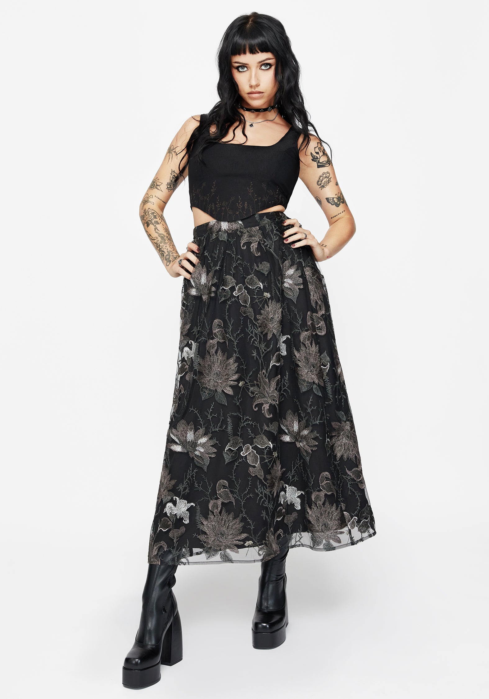 Estrid Embroidered Mesh Midaxi Skirt - Silver - Image 5