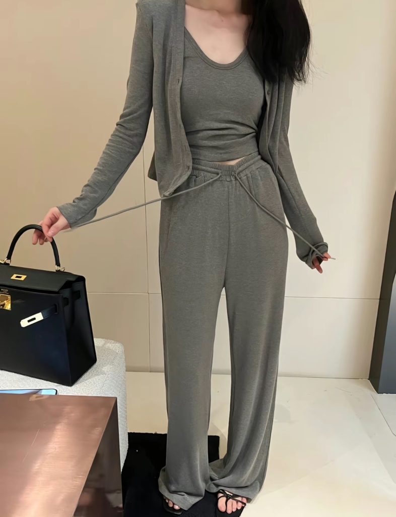 Women's 3-Piece Autumn Set Long Sleeve Loose Jacket Cami Top and High Waist Straight Pants