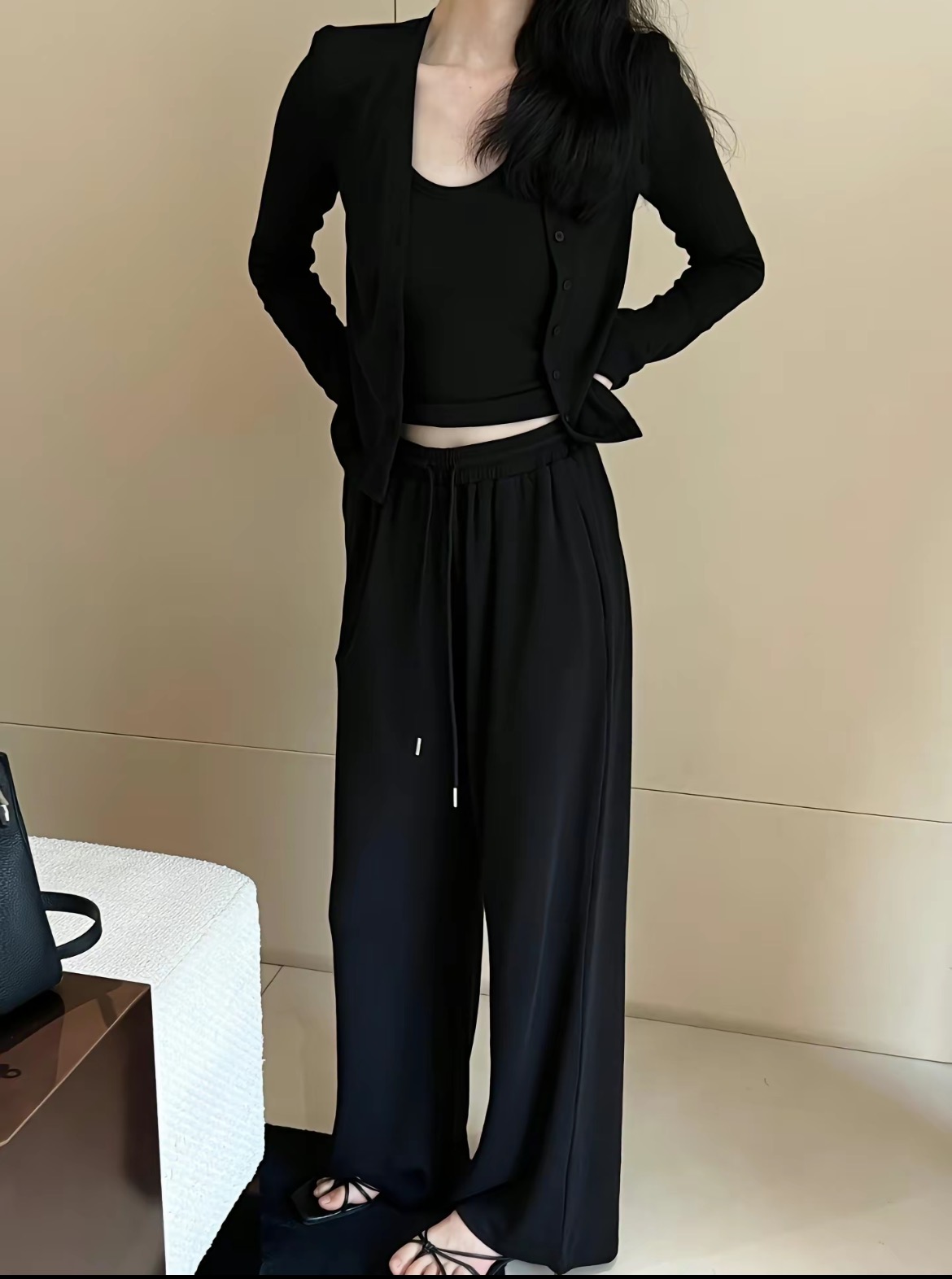 Women's 3-Piece Autumn Set Long Sleeve Loose Jacket Cami Top and High Waist Straight Pants - Image 3