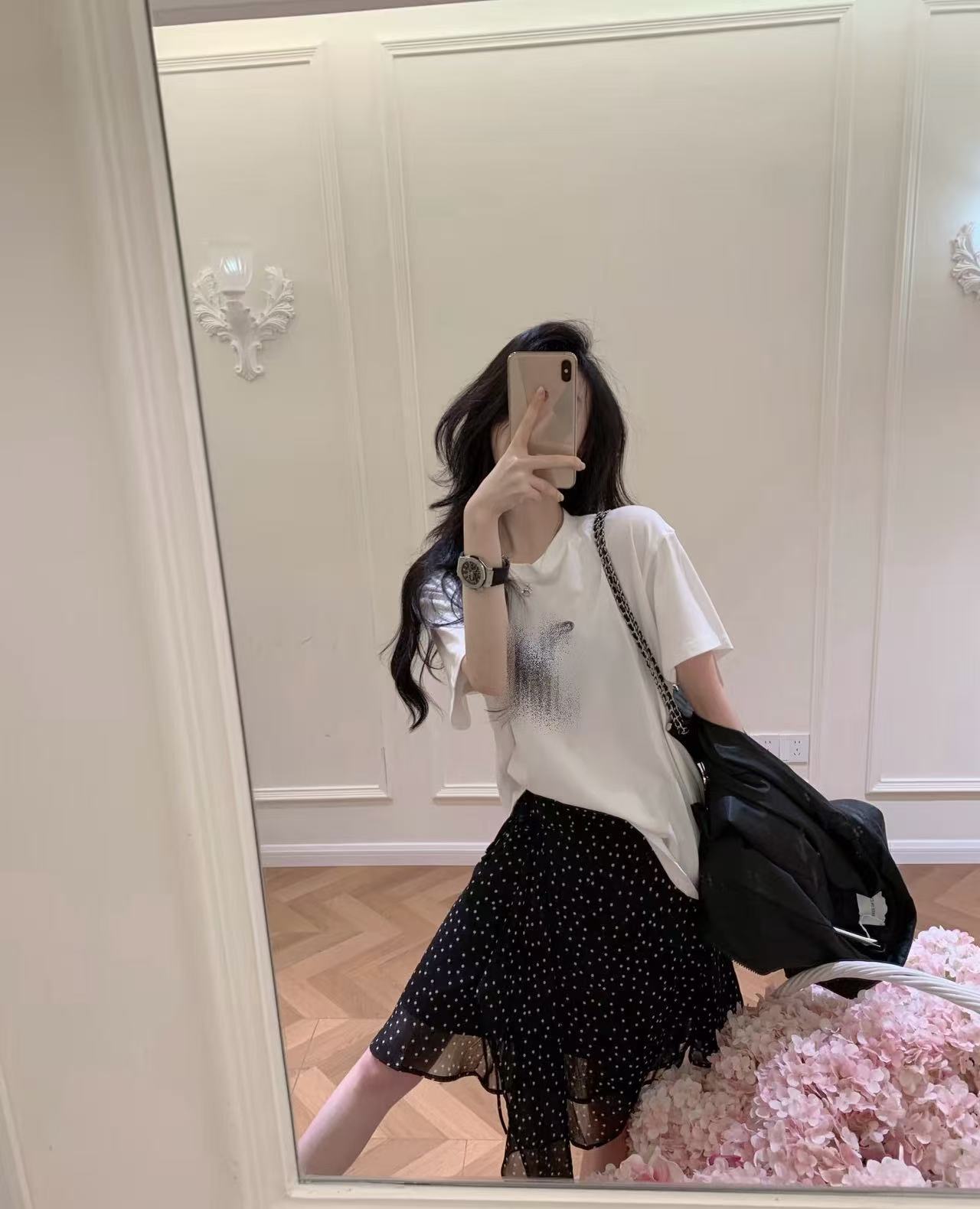 Cartoon Print T-Shirt and Polka Dot Skirt Two-Piece Set for Women