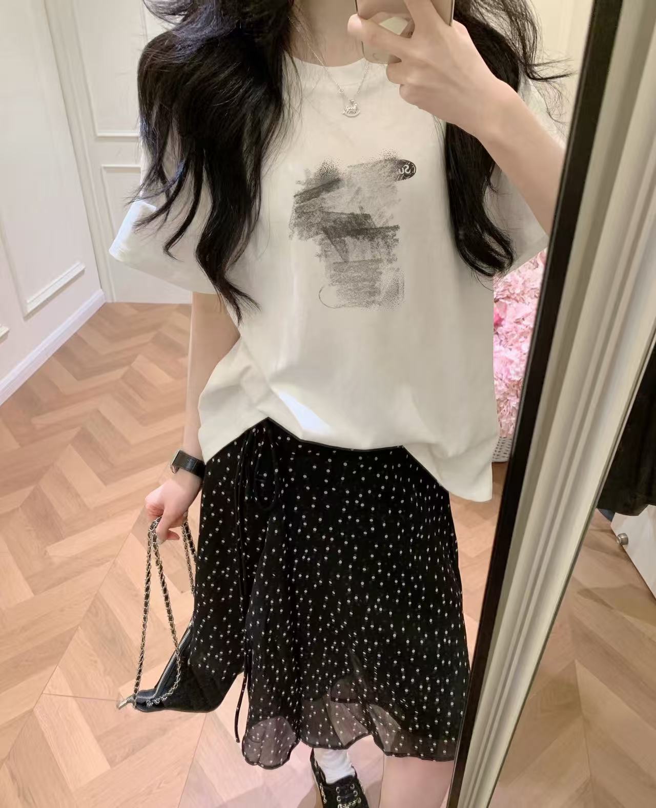 Cartoon Print T-Shirt and Polka Dot Skirt Two-Piece Set for Women - Image 3