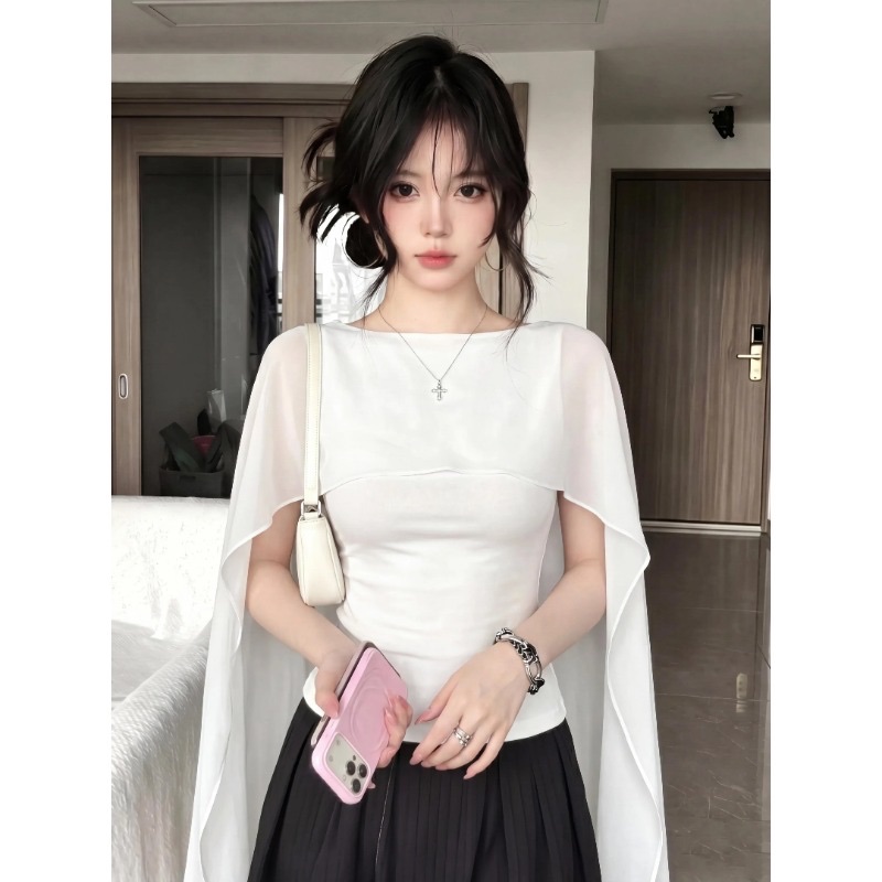 Women's Faux Two-Piece Mesh Cape Top with Puff Sleeves and Cinched Waist - Image 2