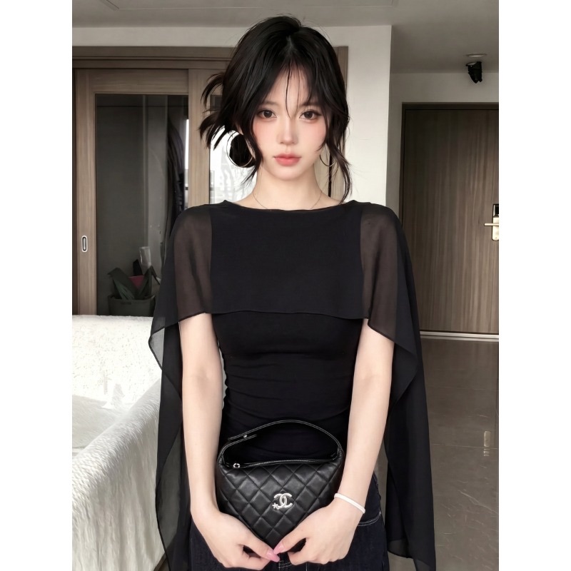 Women's Faux Two-Piece Mesh Cape Top with Puff Sleeves and Cinched Waist - Image 3