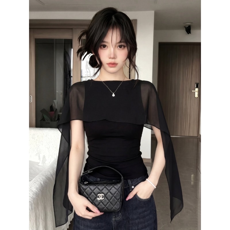 Women's Faux Two-Piece Mesh Cape Top with Puff Sleeves and Cinched Waist - Image 4