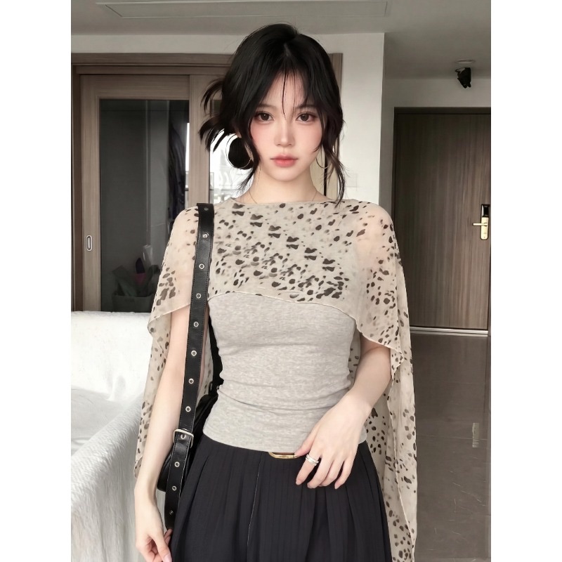 Women's Faux Two-Piece Mesh Cape Top with Puff Sleeves and Cinched Waist