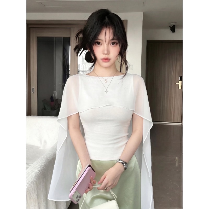 Women's Faux Two-Piece Mesh Cape Top with Puff Sleeves and Cinched Waist - Image 5