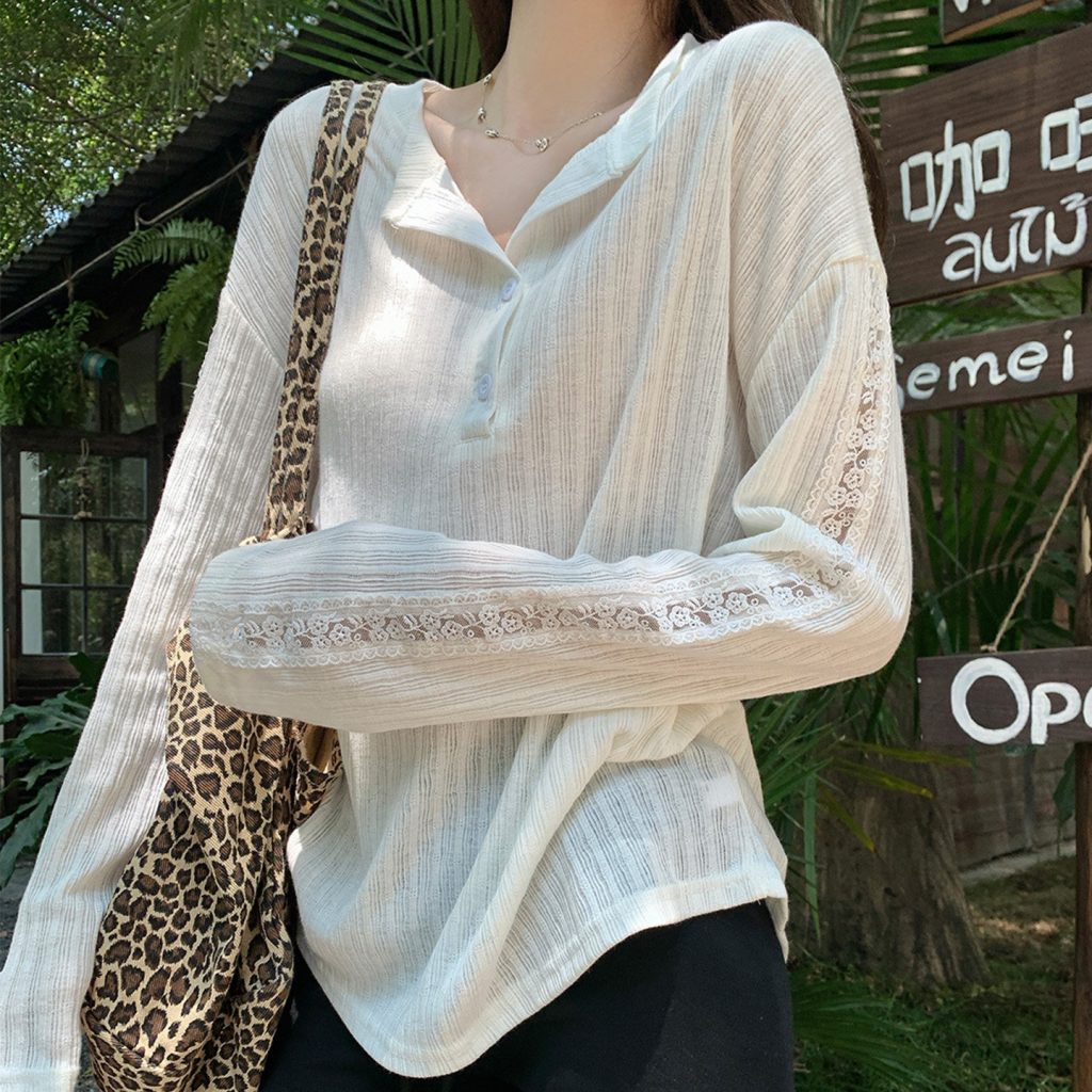 Jacquard Korean Half-Button Sun Protection T-Shirt for Women Summer Thin Hollow-Out Top