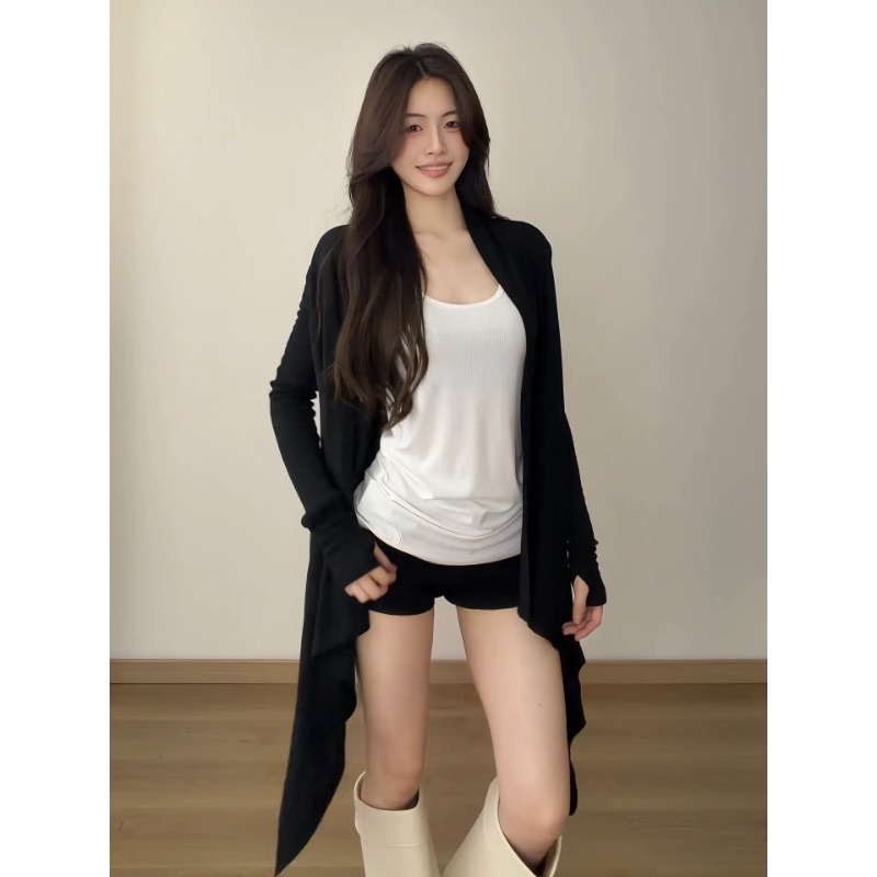 Lazy Style Black Long Irregular Thin Cardigan Shawl Two-Piece Set for Women - Image 2
