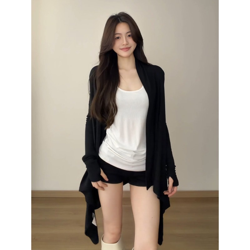 Lazy Style Black Long Irregular Thin Cardigan Shawl Two-Piece Set for Women - Image 3