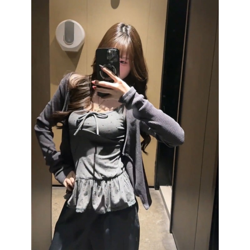 Women's Two-Piece Long Sleeve Cardigan and Polka Dot Cami Set with Lace Hem