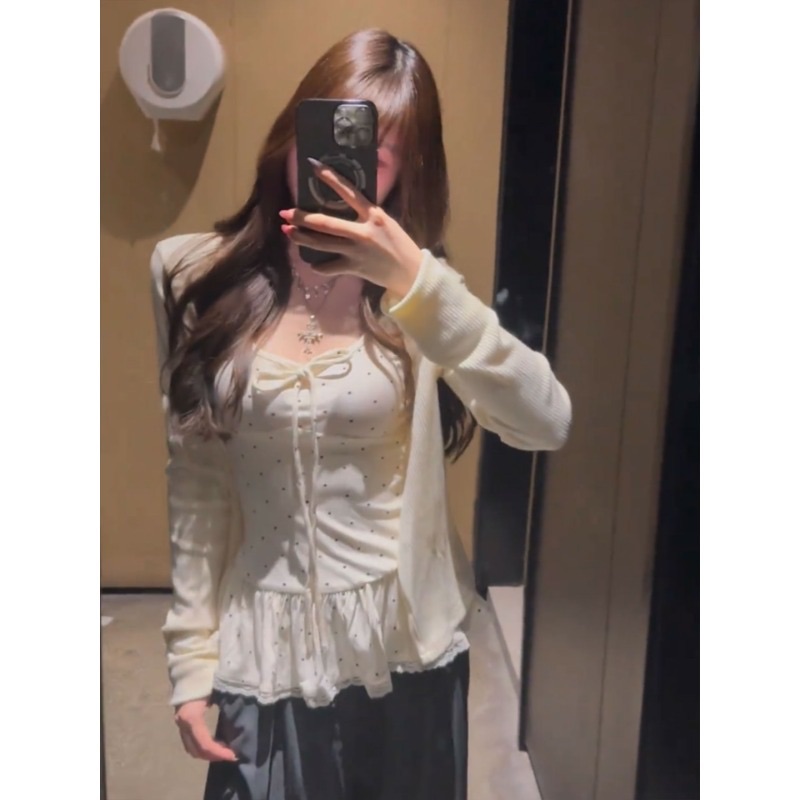 Women's Two-Piece Long Sleeve Cardigan and Polka Dot Cami Set with Lace Hem - Image 2