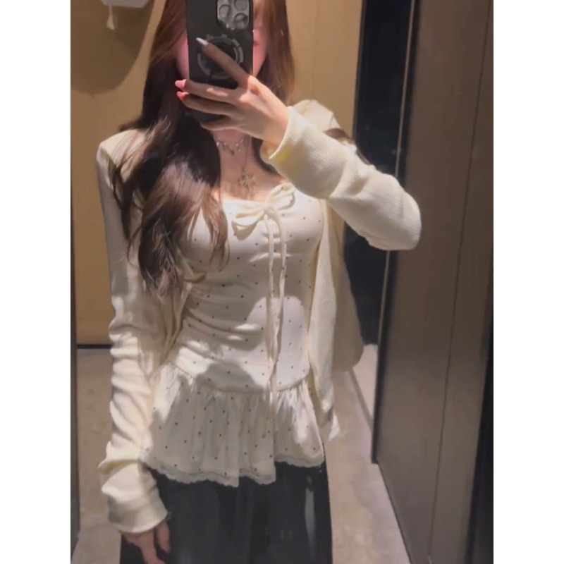 Women's Two-Piece Long Sleeve Cardigan and Polka Dot Cami Set with Lace Hem - Image 4