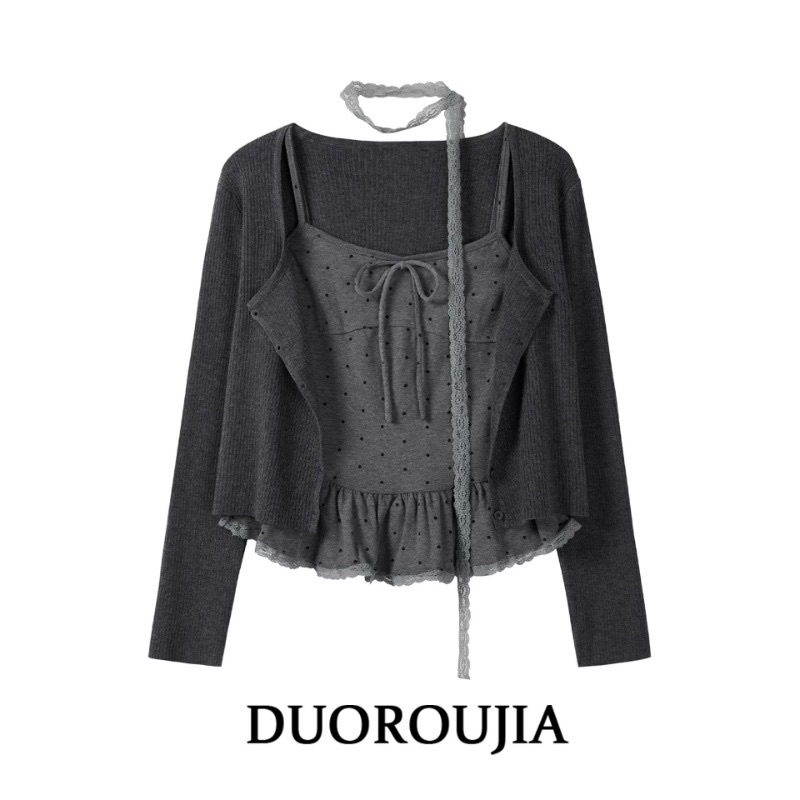 Women's Two-Piece Long Sleeve Cardigan and Polka Dot Cami Set with Lace Hem - Image 5