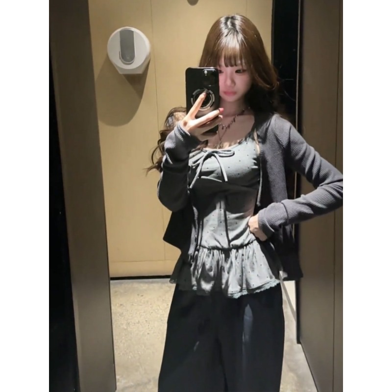 Women's Two-Piece Long Sleeve Cardigan and Polka Dot Cami Set with Lace Hem - Image 3