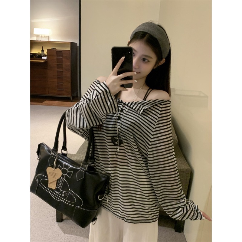 Lazy Style Black Striped Lightweight Long Sleeve T-Shirt Women Spring Loose Off-Shoulder Base Shirt