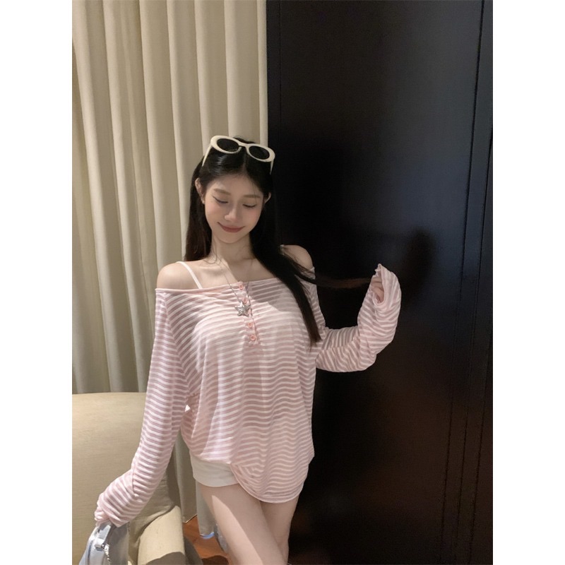 Lazy Style Black Striped Lightweight Long Sleeve T-Shirt Women Spring Loose Off-Shoulder Base Shirt - Image 4