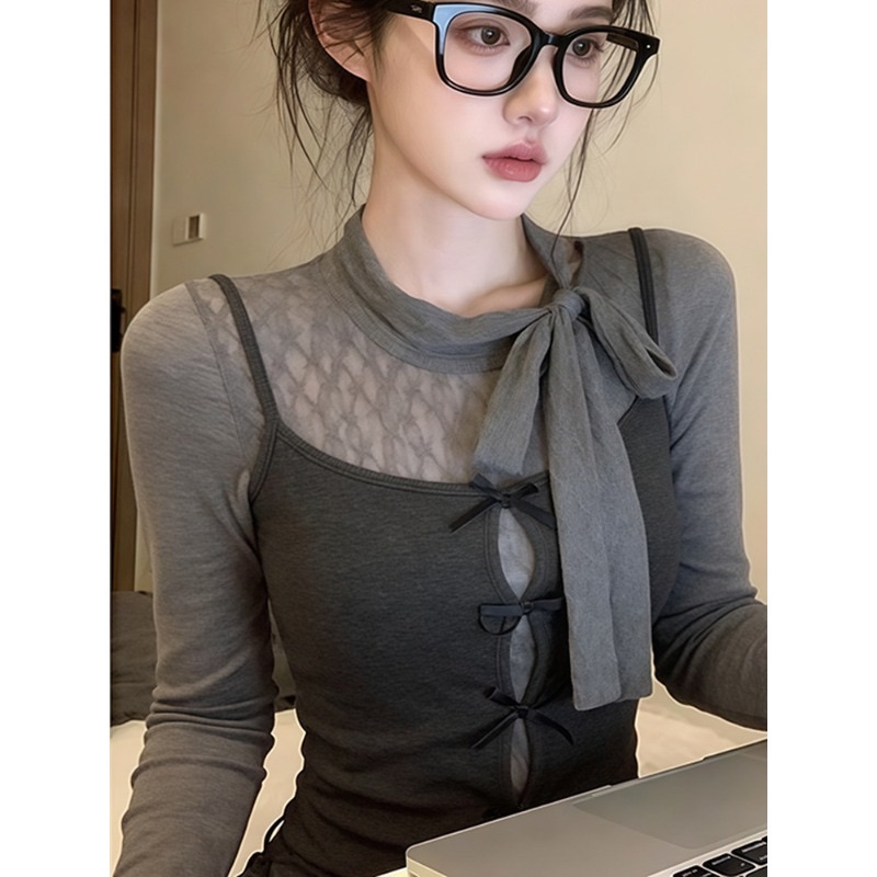 Lazy Style Black Striped Lightweight Long Sleeve T-Shirt Women Spring Loose Off-Shoulder Base Layer