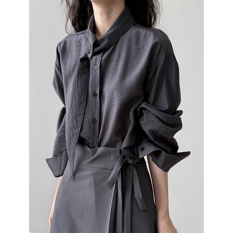 Korean Scarf Collar Long Sleeve Shirt Women Autumn Design Niche Top Loose Commuter French Style Blouse