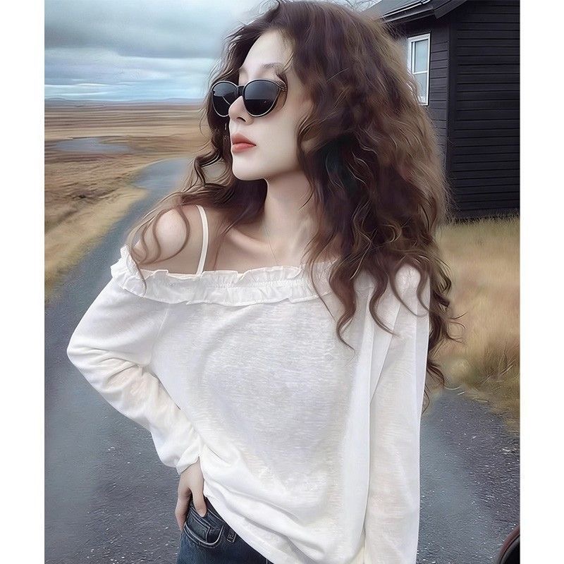 Women's White Ruffle One-Shoulder Long Sleeve T-Shirt 2026 Korean Style Loose Fit