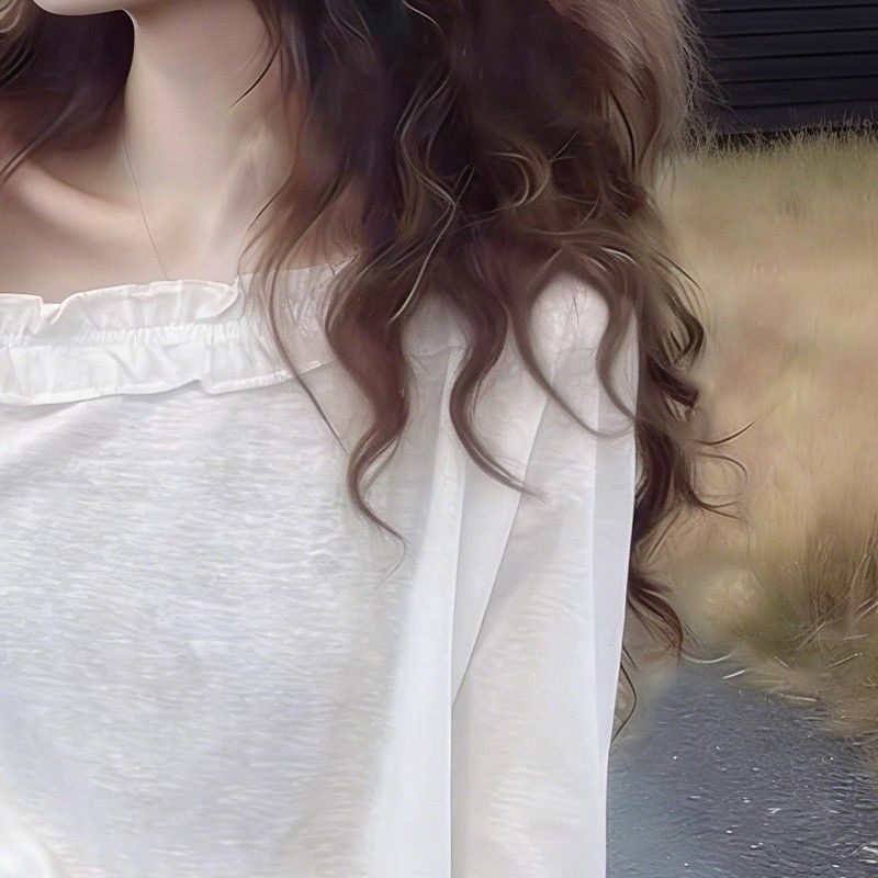 Women's White Ruffle One-Shoulder Long Sleeve T-Shirt 2026 Korean Style Loose Fit - Image 3