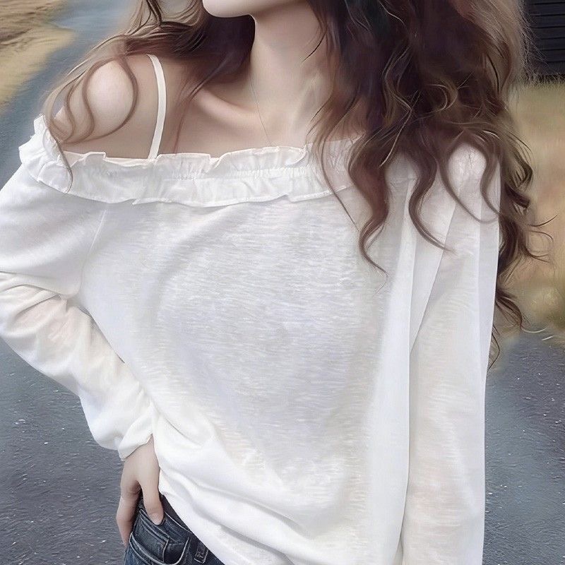 Women's White Ruffle One-Shoulder Long Sleeve T-Shirt 2026 Korean Style Loose Fit - Image 5