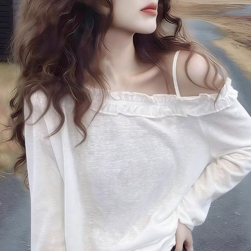 Women's White Ruffle One-Shoulder Long Sleeve T-Shirt 2026 Korean Style Loose Fit - Image 4