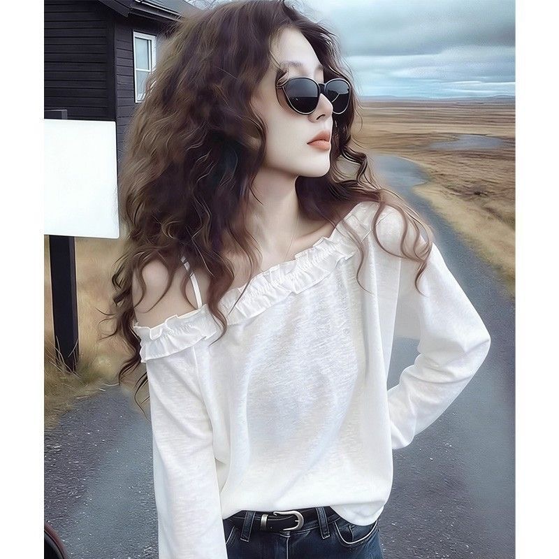 Women's White Ruffle One-Shoulder Long Sleeve T-Shirt 2026 Korean Style Loose Fit - Image 2