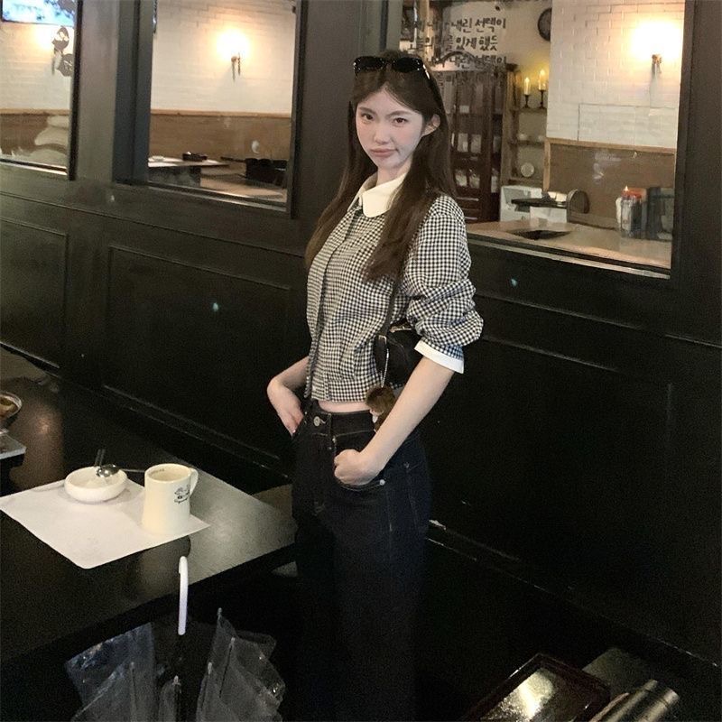 Korean Retro Doll Plaid Shirt Autumn Short Slimming Cardigan Outerwear
