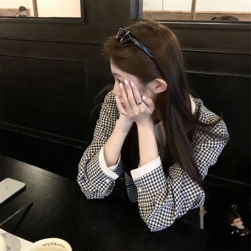 Korean Retro Doll Plaid Shirt Autumn Short Slimming Cardigan Outerwear - Image 4
