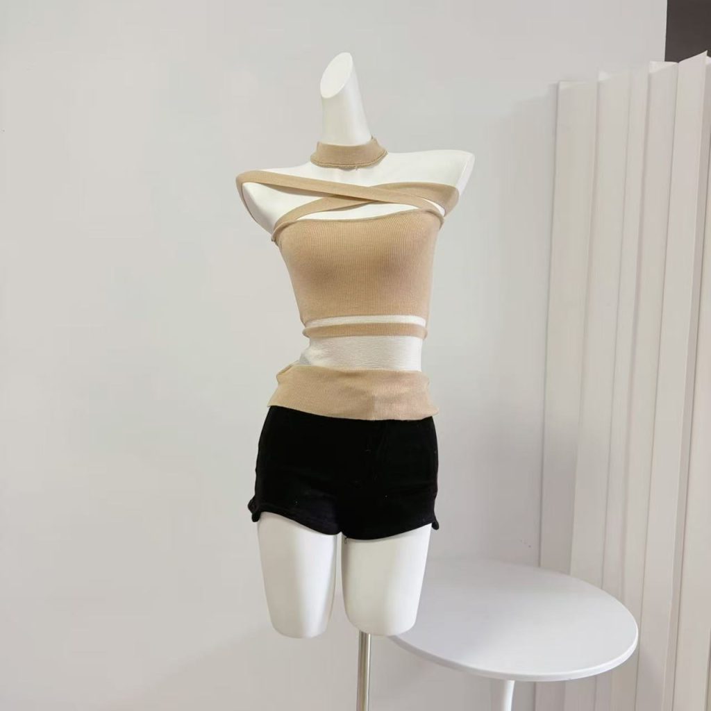 Fart Shop Goddess Arrival Apricot Knit Spliced Off-Shoulder T-Shirt Women Waist-Slimming Sexy Elegant Top