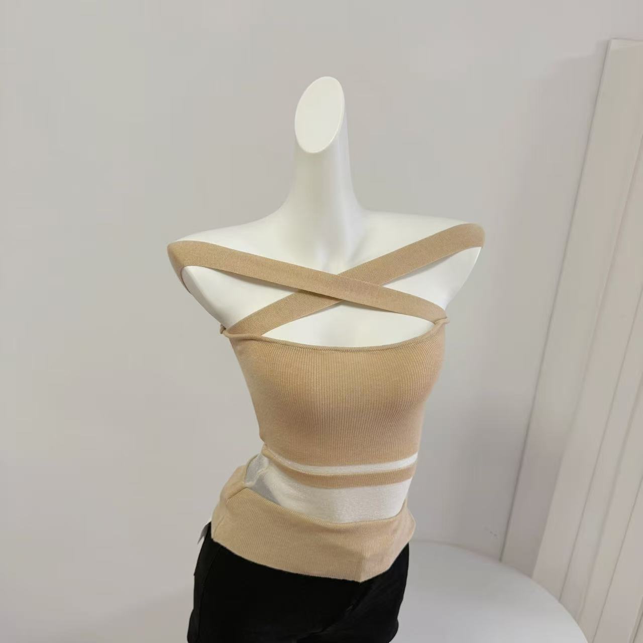 Fart Shop Goddess Arrival Apricot Knit Spliced Off-Shoulder T-Shirt Women Waist-Slimming Sexy Elegant Top - Image 2