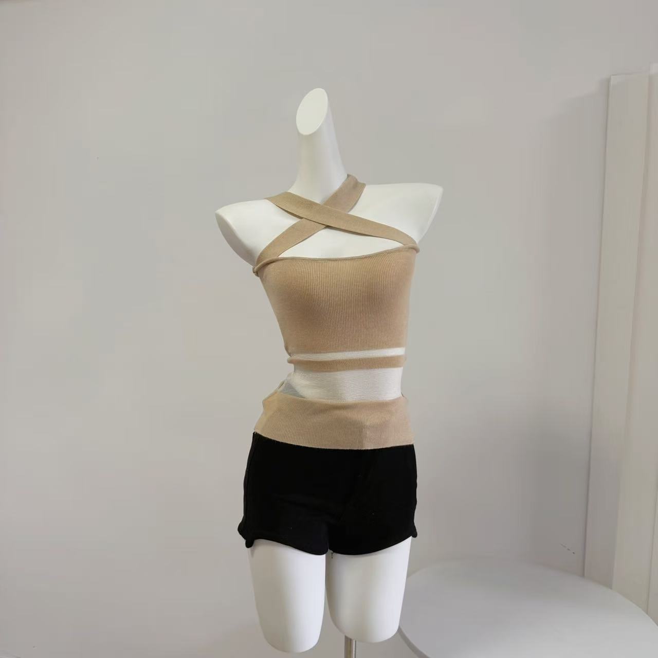 Fart Shop Goddess Arrival Apricot Knit Spliced Off-Shoulder T-Shirt Women Waist-Slimming Sexy Elegant Top - Image 4