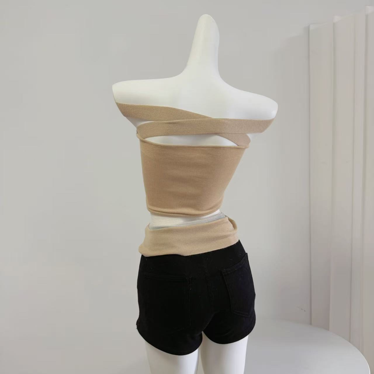 Fart Shop Goddess Arrival Apricot Knit Spliced Off-Shoulder T-Shirt Women Waist-Slimming Sexy Elegant Top - Image 5