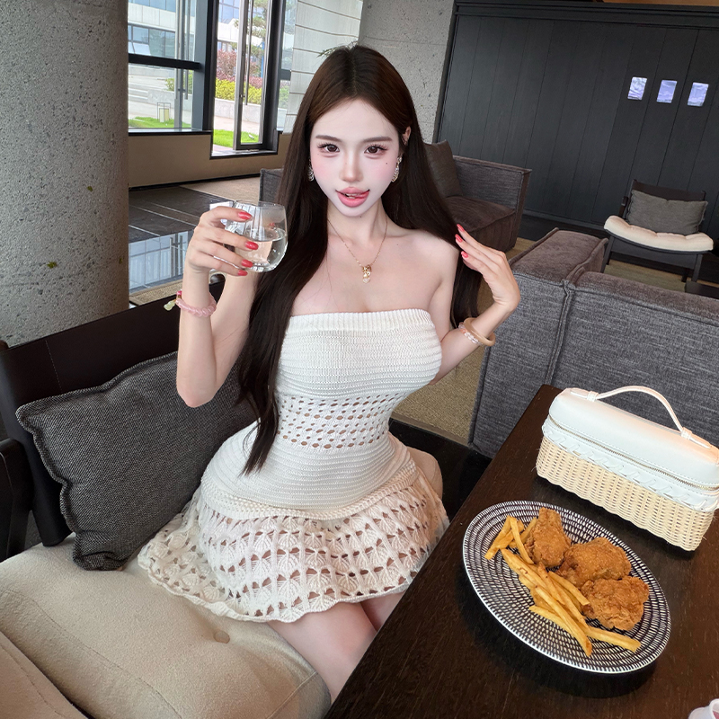 French Style Off-Shoulder Cutout Knit Dress Women's Slim Fit A-Line Mini Dress - Image 3