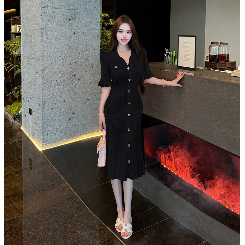 French Style Pink V-Neck Waist-Cinching Slimming Short Sleeve Knit Dress for Women Petite A-Line Niche Trend - Image 3