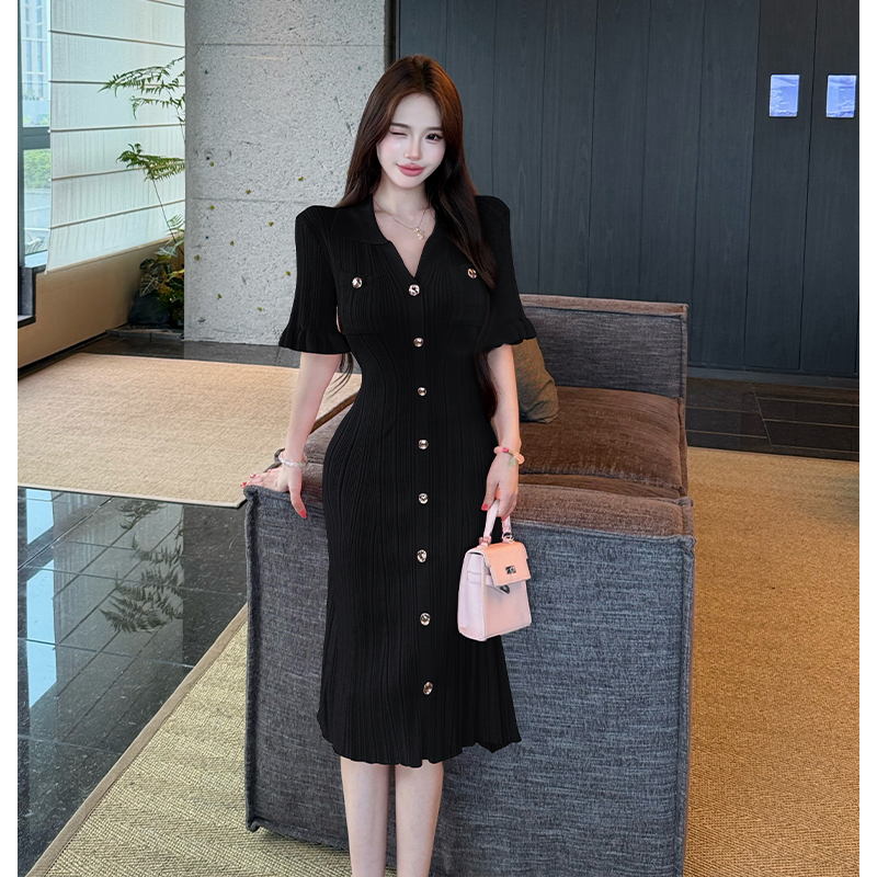 French Style Pink V-Neck Waist-Cinching Slimming Short Sleeve Knit Dress for Women Petite A-Line Niche Trend - Image 5