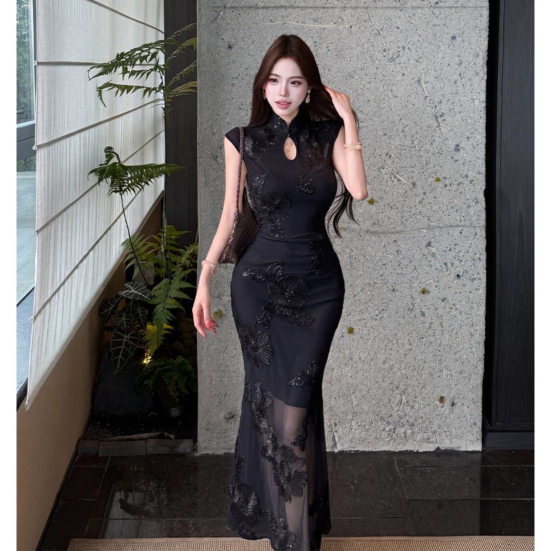New Chinese Style Black Qipao Dress Women Stand Collar Waist Mermaid Bodycon Long Dress - Image 2