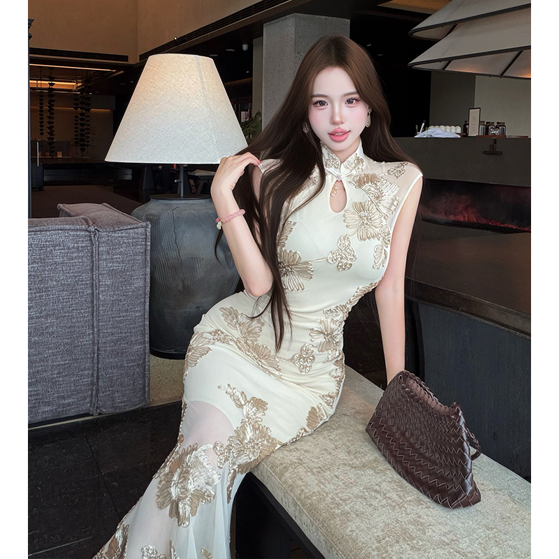New Chinese Style Black Qipao Dress Women Stand Collar Waist Mermaid Bodycon Long Dress - Image 3