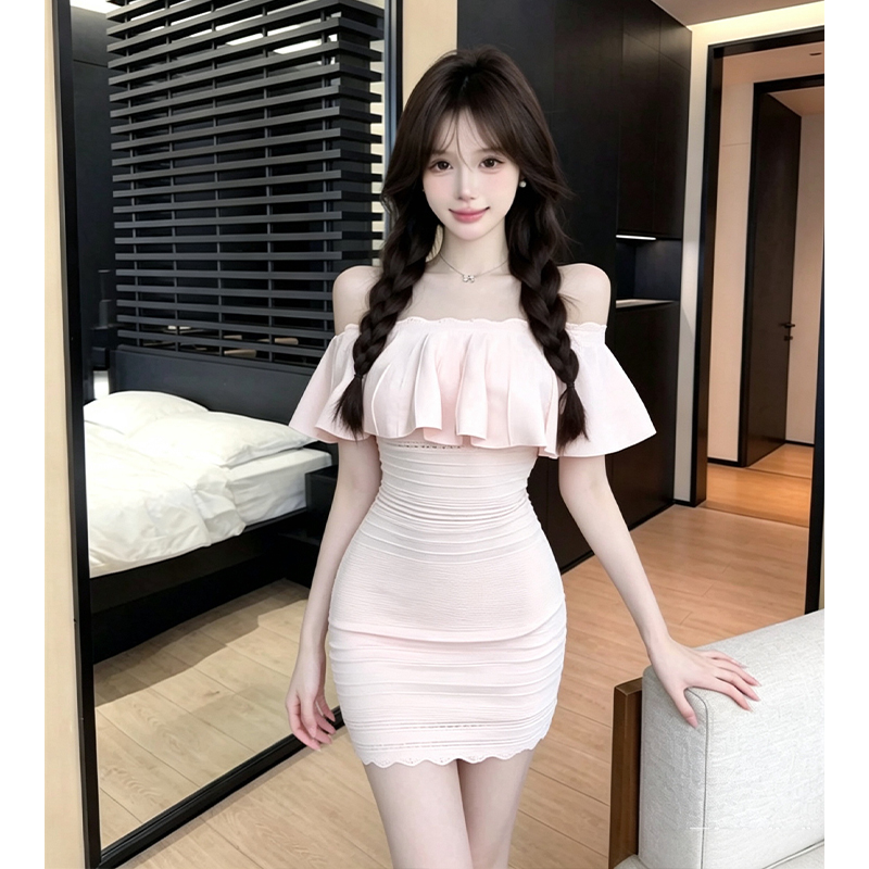 Off-Shoulder French Style Knit Bodycon Dress Women 2026 Summer Ruffle Waist Slimming Short Dress - Image 4