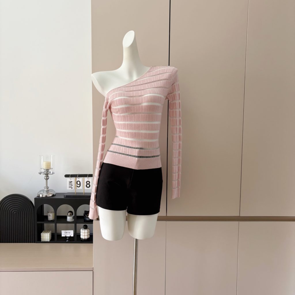 Women's Off-Shoulder Knit Top with Sheer Mesh Splicing