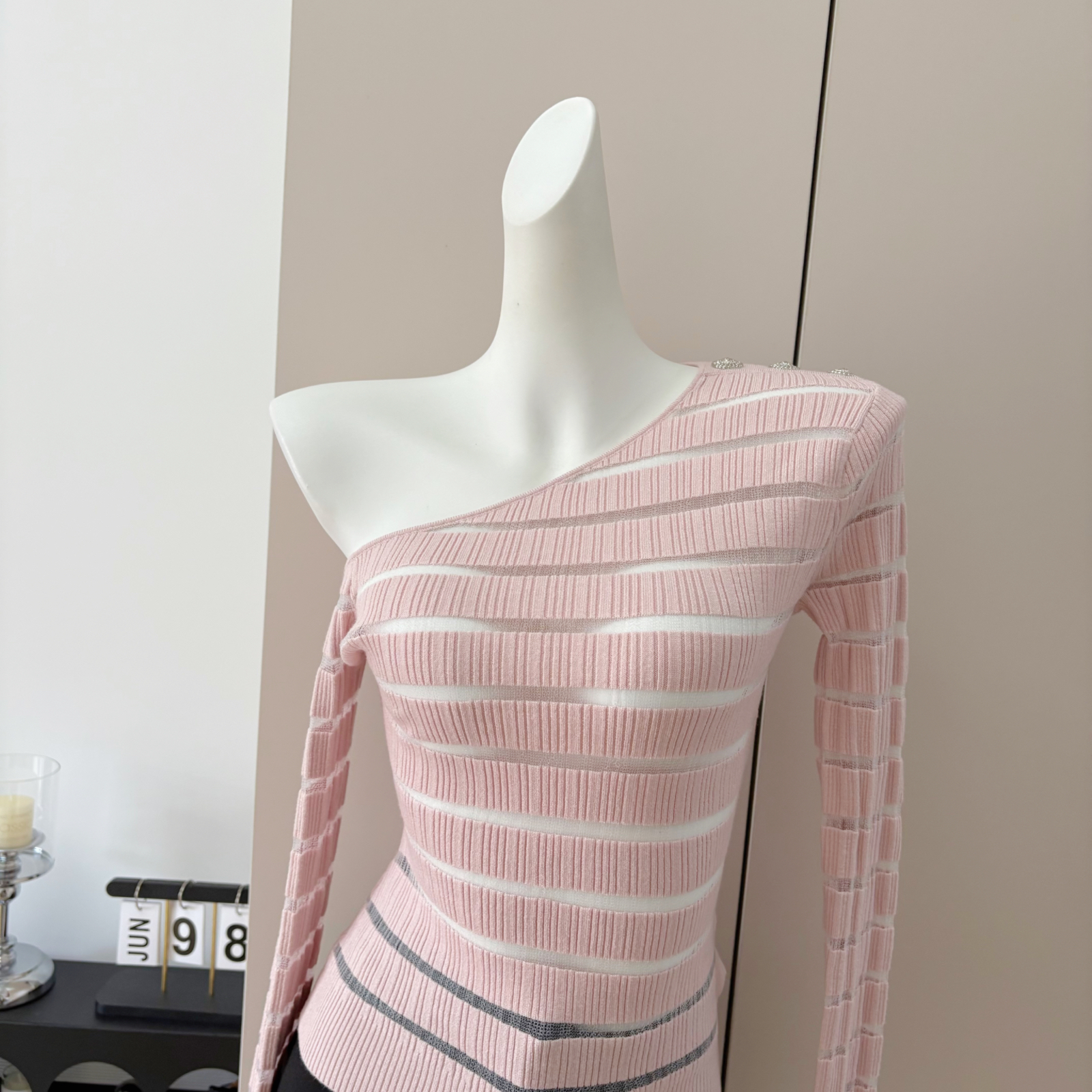 Women's Off-Shoulder Knit Top with Sheer Mesh Splicing - Image 2