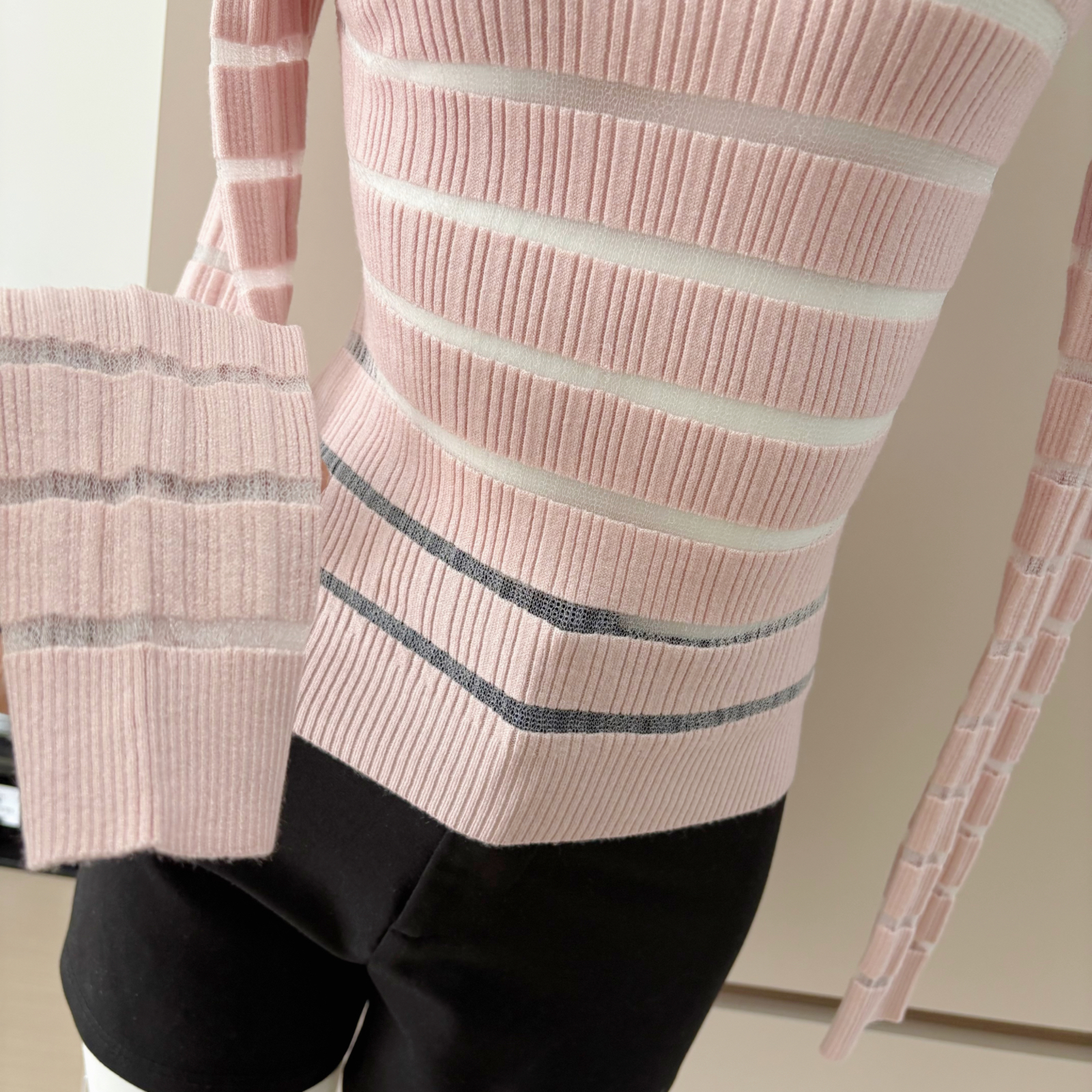 Women's Off-Shoulder Knit Top with Sheer Mesh Splicing - Image 3