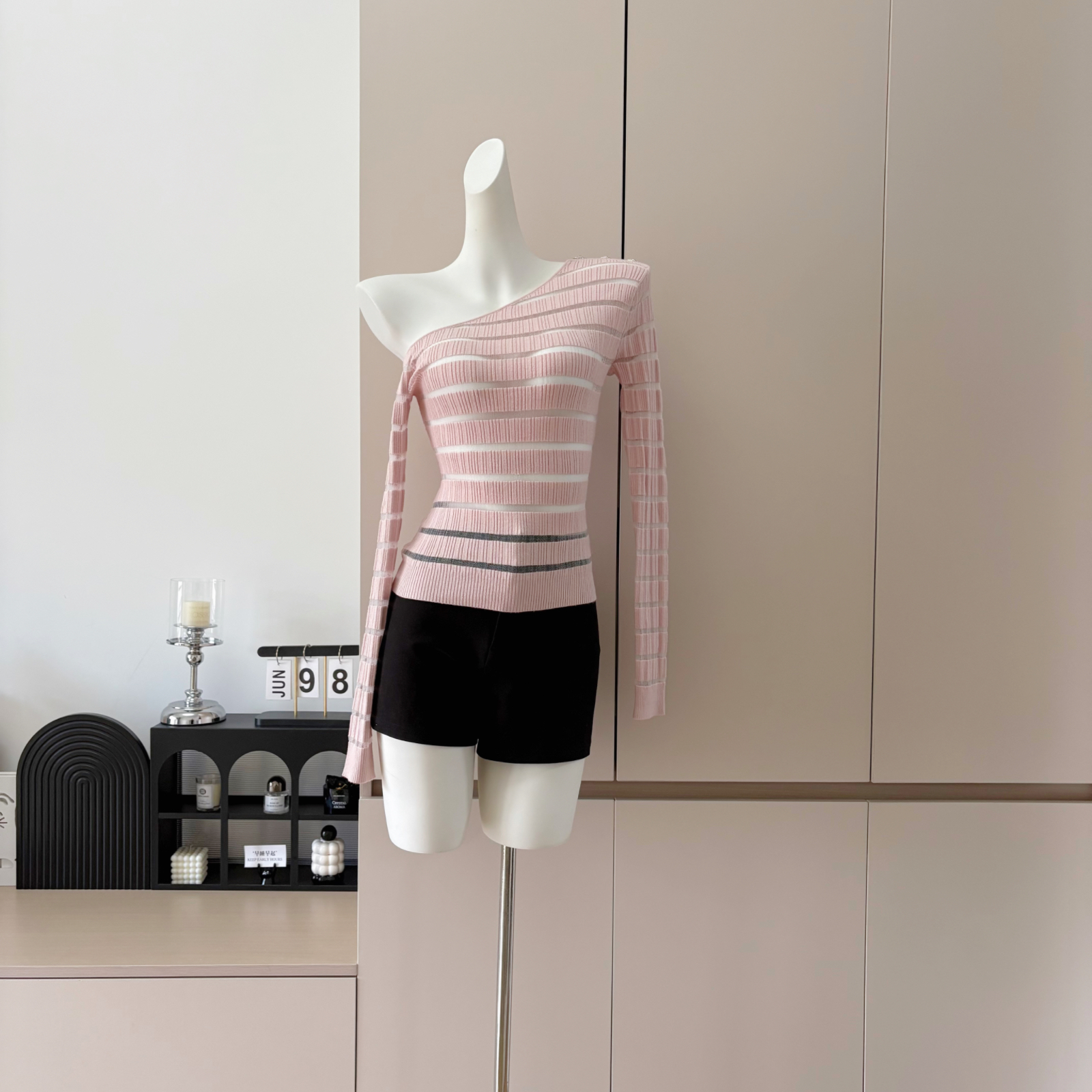 Women's Off-Shoulder Knit Top with Sheer Mesh Splicing - Image 4