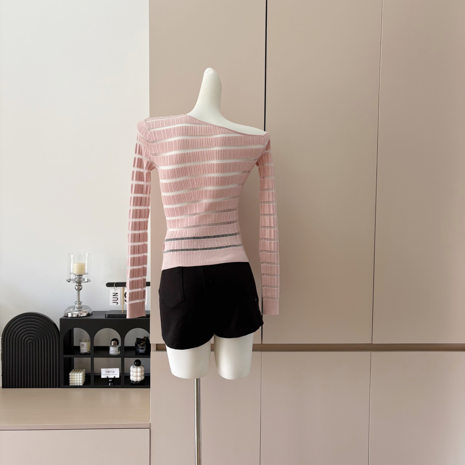 Women's Off-Shoulder Knit Top with Sheer Mesh Splicing - Image 5