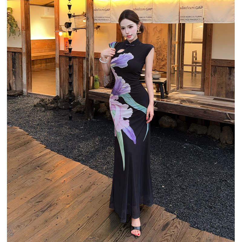 Women's Sleeveless Floral Cheongsam Dress Retro New Chinese Style Slim Fit Print Long Dress